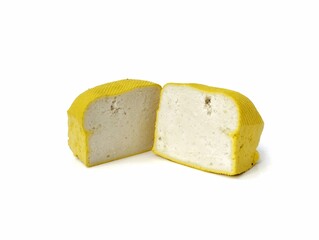 Fresh tofu slices or Indonesian food made from coagulated soybean sediment. Isolated on white background 