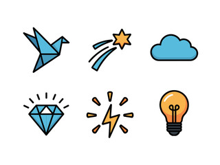 Origami Bird, Shooting Star, Cloud, Diamond, Spark And Lightbulb (Colored)