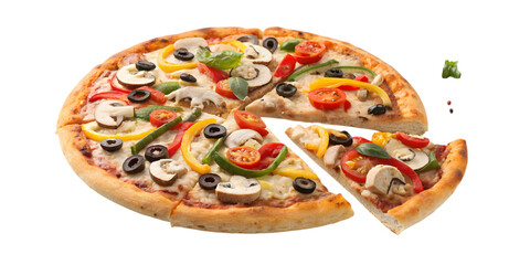 Delicious pizza with colorful toppings isolated on transparent background