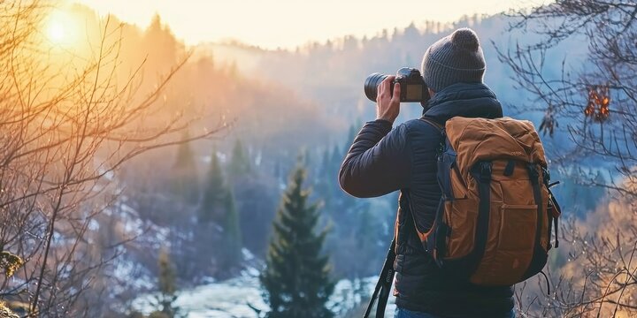 A photographer capturing nature shots in a scenic outdoor setting
