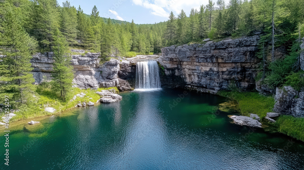 Poster cascading waterfall flows into serene emerald pool surrounded by lush greenery and rocky cliffs