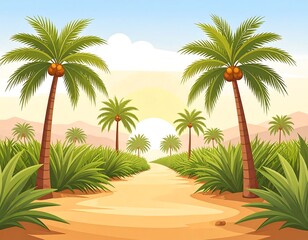Fototapeta premium A sun-drenched path lined with lush vegetation and towering palm trees, creating a serene tropical landscape.