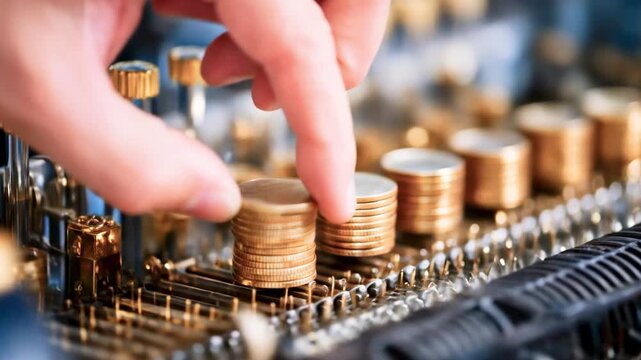 Close-up of a coin minting process with stacks of newly minted coins on a production line