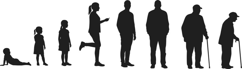 Silhouettes Representing Human Life Stages from Childhood to Elderly, Vector Illustration Showing Growth, Aging, Progression, Time, Family, Health, Life Cycle Concept