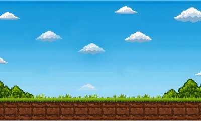 illustration of Cartoon landscape retro pixel art game interface design background