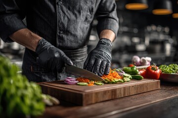 Professional Chef in Black Uniform Slicing Fresh Vegetables on a Wooden Cutting Board in a Restaurant Kitchen.