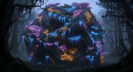 Intricate, geometric structure overgrown with vibrant flora in a mystical forest setting.
