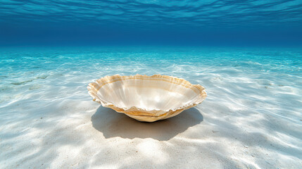 Giant clam shell resting on ocean floor, surrounded by clear blue water and sandy seabed