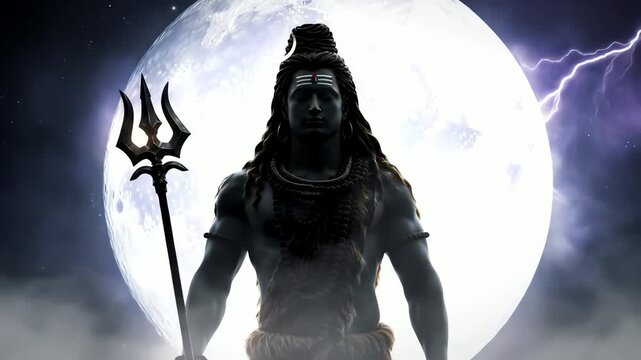 A powerful and serene depiction of the revered Hindu deity, perfect for a striking lord shiva wallpaper, embodying spiritual strength and cosmic energy under a luminous moon