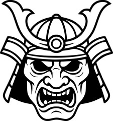 Traditional Japanese Samurai face mask helmet vector black and white icon isolated illustration image decal design file download