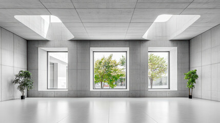 Minimalist interior design with large windows showcasing greenery and natural light