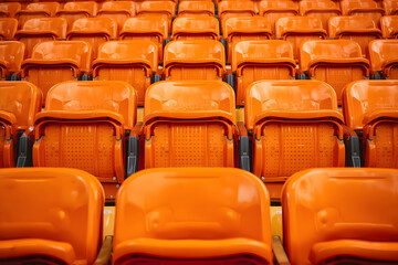 Fototapeta premium Vivid Rows of Orange Seats Suggesting a Large Venue Ready for Spectators Anticipation