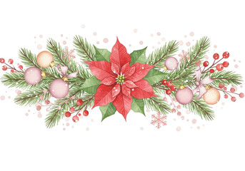 Festive christmas poinsettia garland with sparkling lights and pine sprigs transparent background