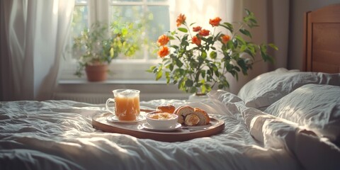 A romantic morning scene with a couple sharing breakfast in bed