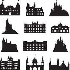 Fototapeta premium Collection of diverse castle silhouettes in black and white architecture building