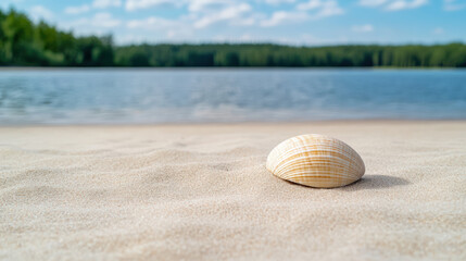 Obraz premium Beautiful shell rests on sandy lakeshore, surrounded by serene water and lush greenery