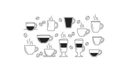 Collection of Coffee Cups and Beans in Minimalist Line Art Style on Black Background for Modern Designs and Restaurant Menus