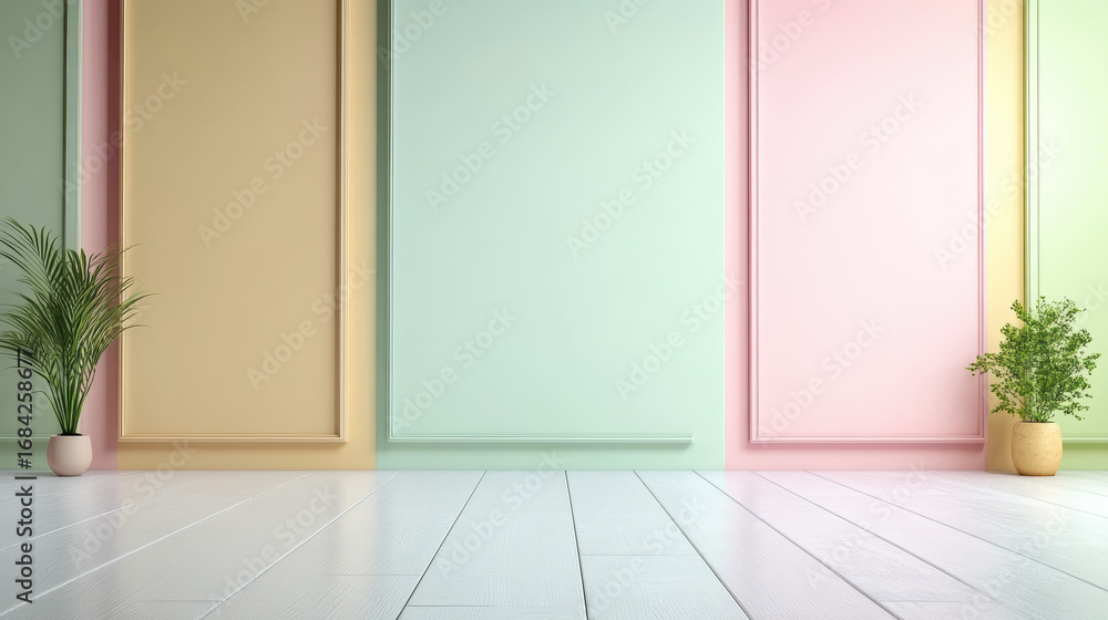Poster minimal pastel color blocks background with plants creating serene atmosphere
