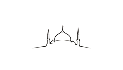 Golden outline of a mosque architecture with dome and minarets on a stark black background creating a minimalist and elegant design highlighting Islamic art