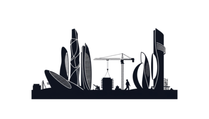 Futuristic Cityscape Silhouette Against Black Background Modern Architecture and Urban Development Concept