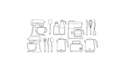 Kitchen Appliances Outline Vector Seamless Pattern Background for Culinary Design Projects and Restaurant Themed Visuals Showcasing Utensils and Cooking Equipment