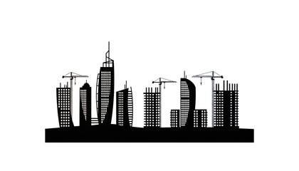 Fototapeta premium Modern Cityscape Skyline Outline with Construction Cranes and Towering Buildings Against Black Background Representing Urban Development and Architectural Design