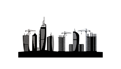 Modern Cityscape Skyline Outline with Construction Cranes and Towering Buildings Against Black Background Representing Urban Development and Architectural Design