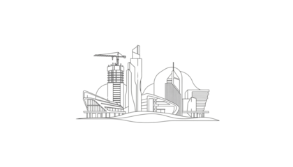 Modern Cityscape Illustration with Construction Crane and Sleek Buildings Against Black Background Depicting Urban Development and Architectural Design