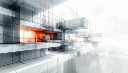 Surreal Fantasy Architectural Draft with Transparent Blueprint Layers, Futuristic Building Concept, Abstract 3D Design