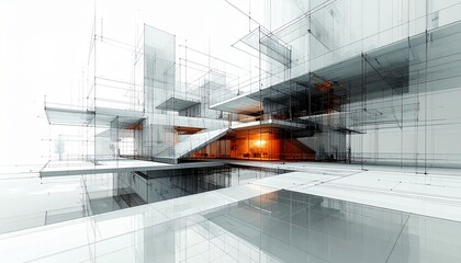Surreal Fantasy Architectural Draft with Transparent Blueprint Layers, Futuristic Building Concept, Abstract 3D Design