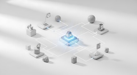 Futuristic AI Network: Minimalist 3D Illustration of Data Processing and Connectivity.
