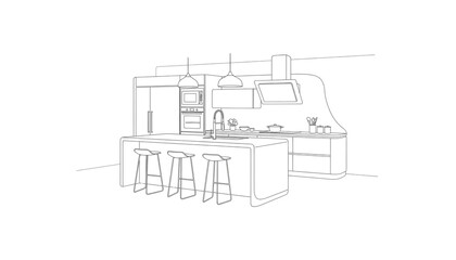 Obraz premium Modern kitchen outline design with island seating and sleek appliances representing minimalist interior design and architectural visualization for home decor and construction
