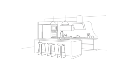 Modern kitchen outline design with island seating and sleek appliances representing minimalist interior design and architectural visualization for home decor and construction