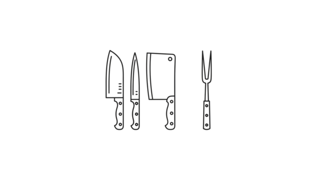 Minimalist Kitchen Utensil Outline Set Featuring Chefs Knife Slicing Knife Cleaver and Meat Fork on a Black Background Perfect for Culinary Designs and Restaurant Branding