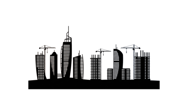Modern Cityscape Skyline Outline with Construction Cranes and Towering Buildings Against Black Background Representing Urban Development and Architectural Design