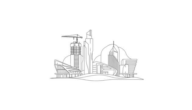 Modern Cityscape Illustration with Construction Crane and Sleek Buildings Against Black Background Depicting Urban Development and Architectural Design