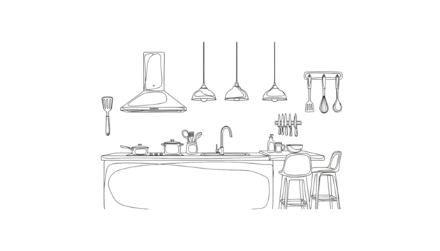 Modern Kitchen Design Illustration Minimalist Line Art with Island Stools Appliances and Lighting Fixtures Creating a Stylish Culinary Space