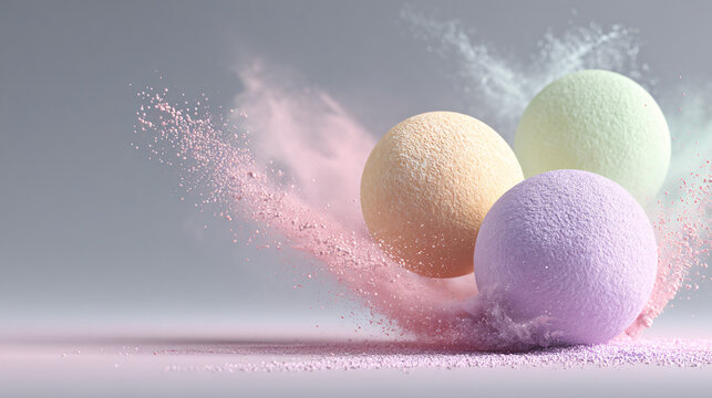 Pastel powder spheres exploding softly
