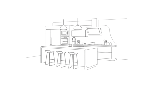 Modern kitchen outline design with island seating and sleek appliances representing minimalist interior design and architectural visualization for home decor and construction