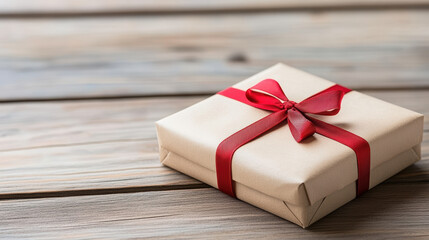 Wrapped gift box with red ribbon wooden surface, perfect for celebrations and special occasions