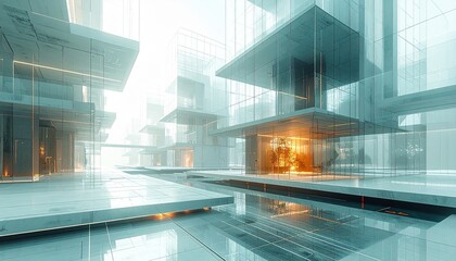 Futuristic Fantasy Architecture with Glowing Orange Interiors, Surreal Blueprint Style, Floating Geometric Building