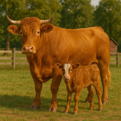 Obraz premium AI-Generated image of a Limousin cow standing protectively beside her calf in a sunny pasture.