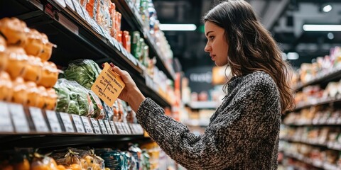 A shopper looking at a sale tag on a grocery shelf
