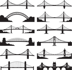 Obraz premium Assortment of black and white suspension and arch bridge silhouettes Keywords: suspension bridge