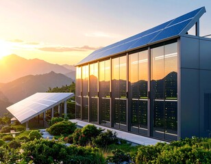 Modern data center with solar panels at sunset