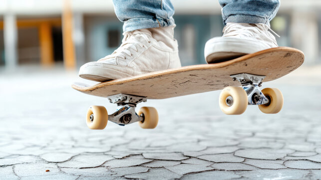 Skateboarder performing tricks urban pavement with cracked surface, showcasing skill and style
