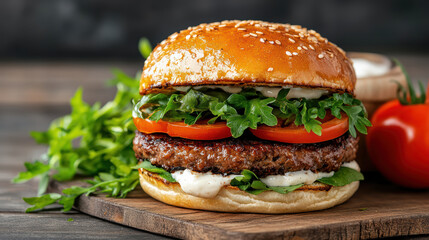 Fresh plant based burger with vegetables on wooden board, showcasing vibrant colors and textures