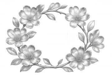 Delicate floral frame sketched in pencil, blossoming petals forming graceful oval border against transparent backdrop