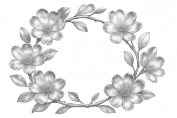 Delicate floral frame sketched in pencil, blossoming petals forming graceful oval border against transparent backdrop