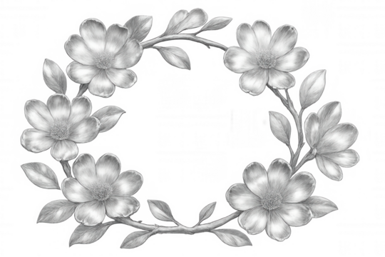 Delicate floral frame sketched in pencil, blossoming petals forming graceful oval border against transparent backdrop